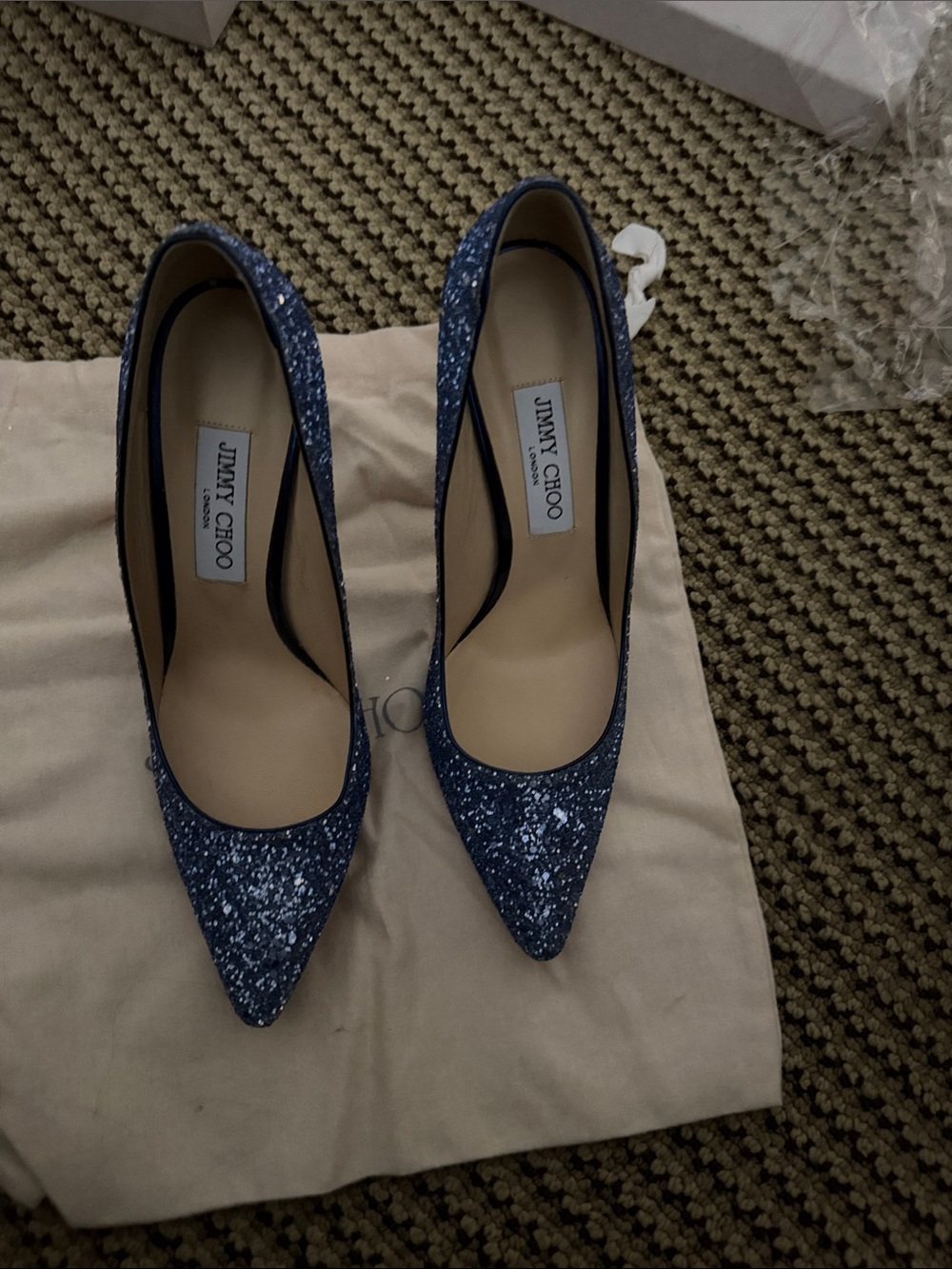 Jimmy Choo Blue Glitter Romy Pointed Toe Pumps